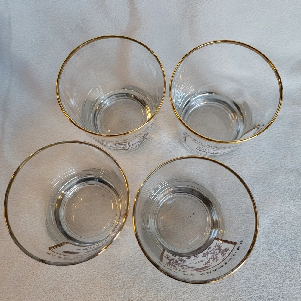 Williams Sonoma 4 Vintage Double Old Fashioned Glasses Gold Rim Cognac Champagne